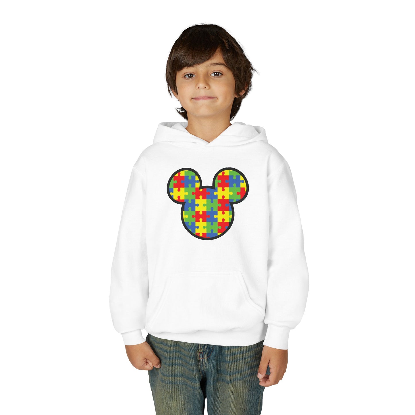 Colorful Puzzle Mickey Mouse Youth Hoodie - Perfect for Autism Awareness