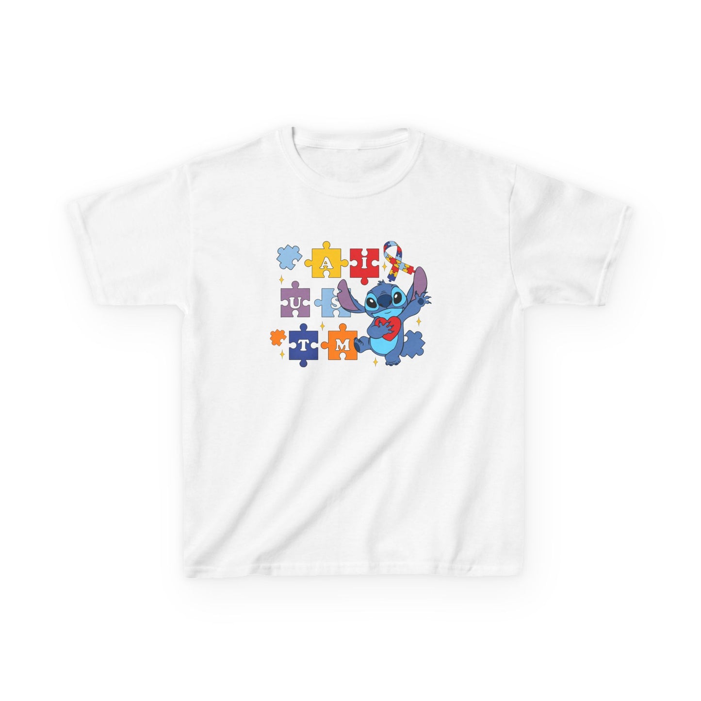 Autism Puzzle Ribbon Kids Tee — Cute Stitch Awareness T-Shirt