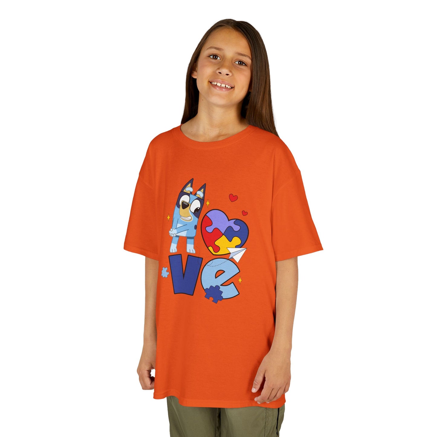 Kids Tee — 'LOVE' Puzzle Heart & Cartoon Character Autism Awareness Shirt